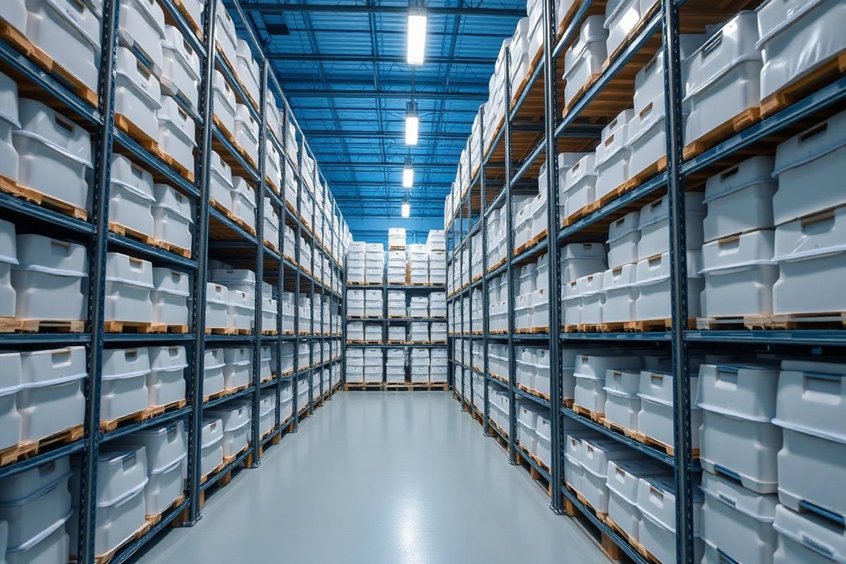Cold storage warehouse aisle with racked pallets of sealed cartons under cool lighting